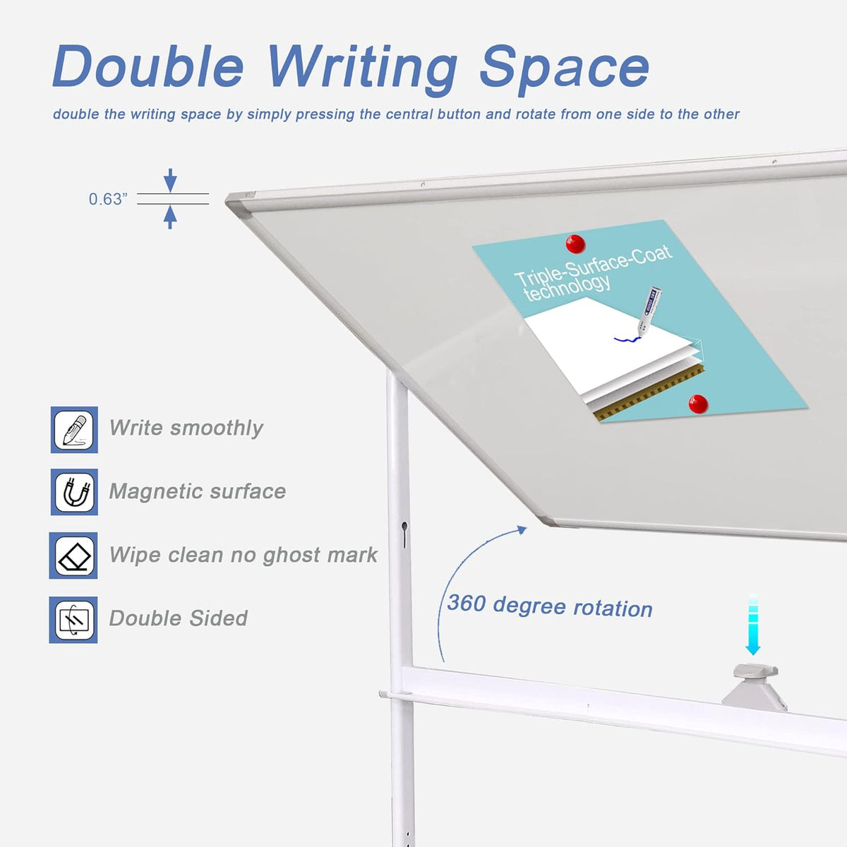 32 x 48 Inches Double Sided Height Adjustable Rolling White Board with Casters Z3934