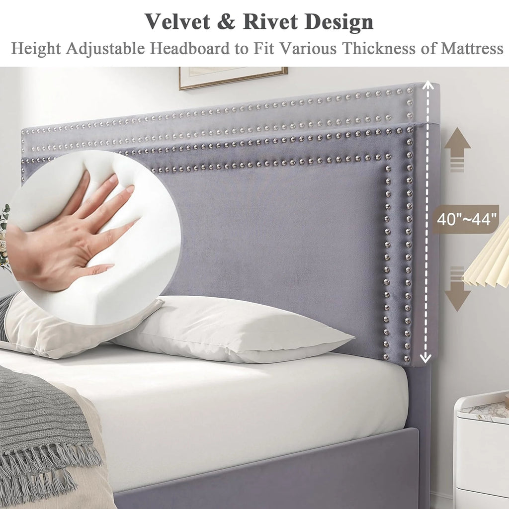 Beige Full Bed Frame with 4 Storage Drawers and Adjustable Headboard X580181