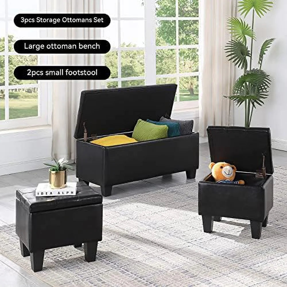 Blue Fabric Hinged Ottoman Set of 3 T7564