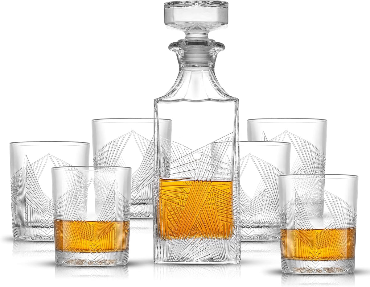 Whiskey Decanter and 6PC Glasses Set, 27 oz Airtight Glass Decanter, Set of 6 Old Fashioned Rocks Glasses M33104