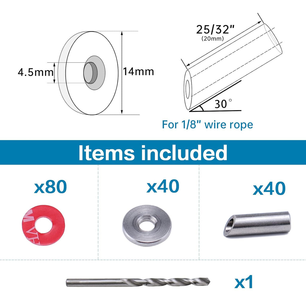 40Pack Cable Railing Kit Adjustable Angled Protector Sleeve for 1/8" Wire Rope Wood Posts Compatible 10 30 40 Degree Beveled Grommet Protective T316 Stainless Steel Pack of 2 V6097