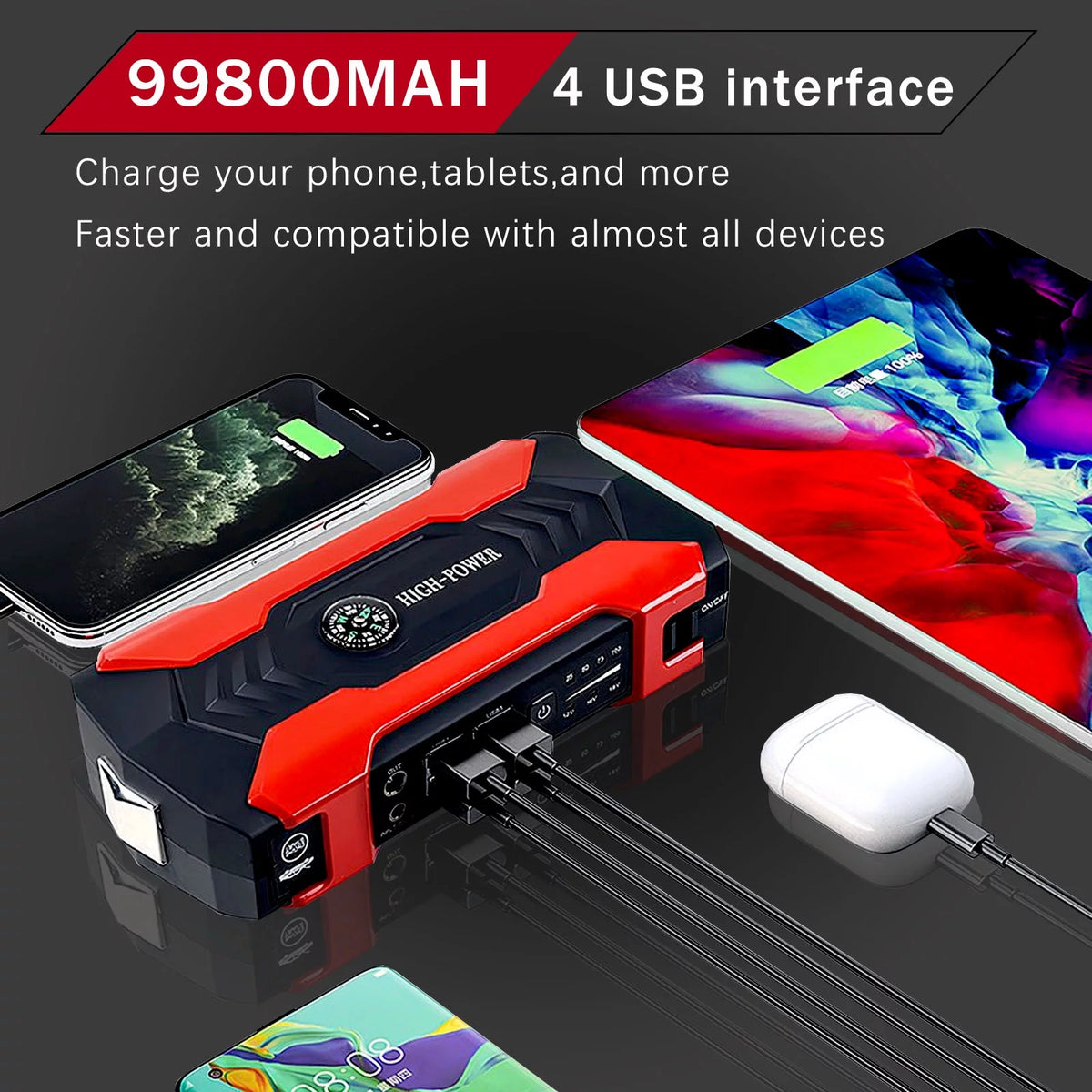 99800mAh Battery Jump Starter with 4 USB Ports and LED Flashlight Z625333