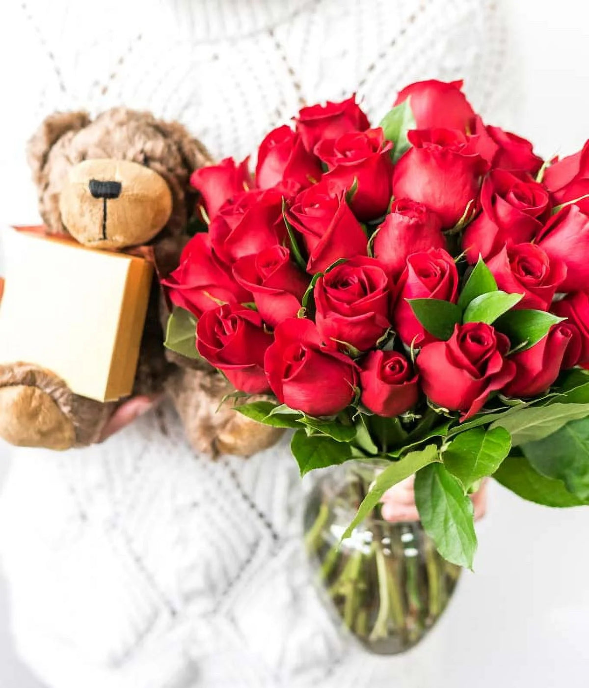 24 Red Roses with Chocolates & Teddy Bear in a Glass Vase C917