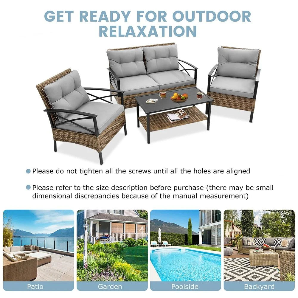 4 Pieces All-Weather PE Rattan Wicker Patio Sofa Set with Coffee Table R281639