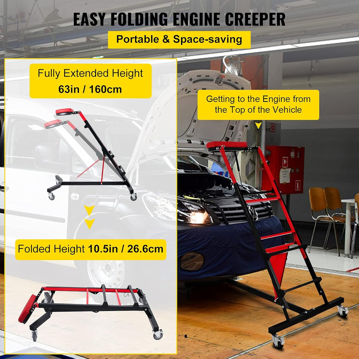 Adjustable Height Foldable Engine Creeper with Four 4 inches Casters T847038
