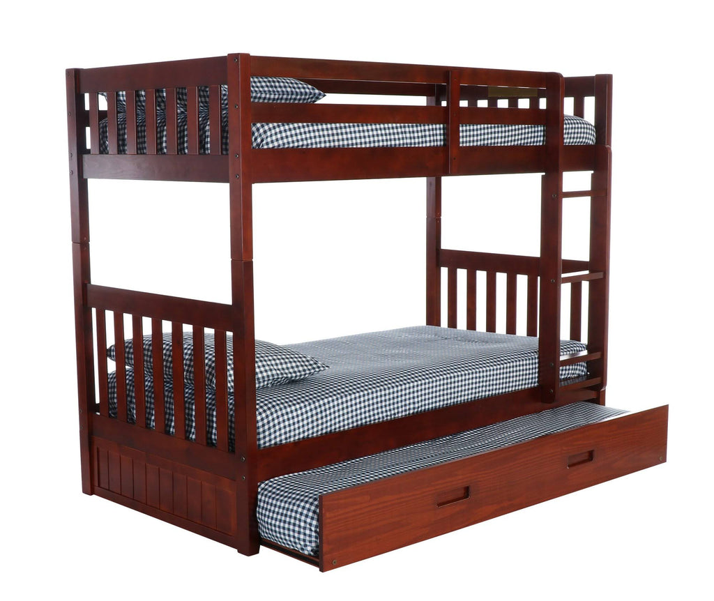 Twin Over Twin Solid Wood Bunk Bed with Trundle in Merlot L35136