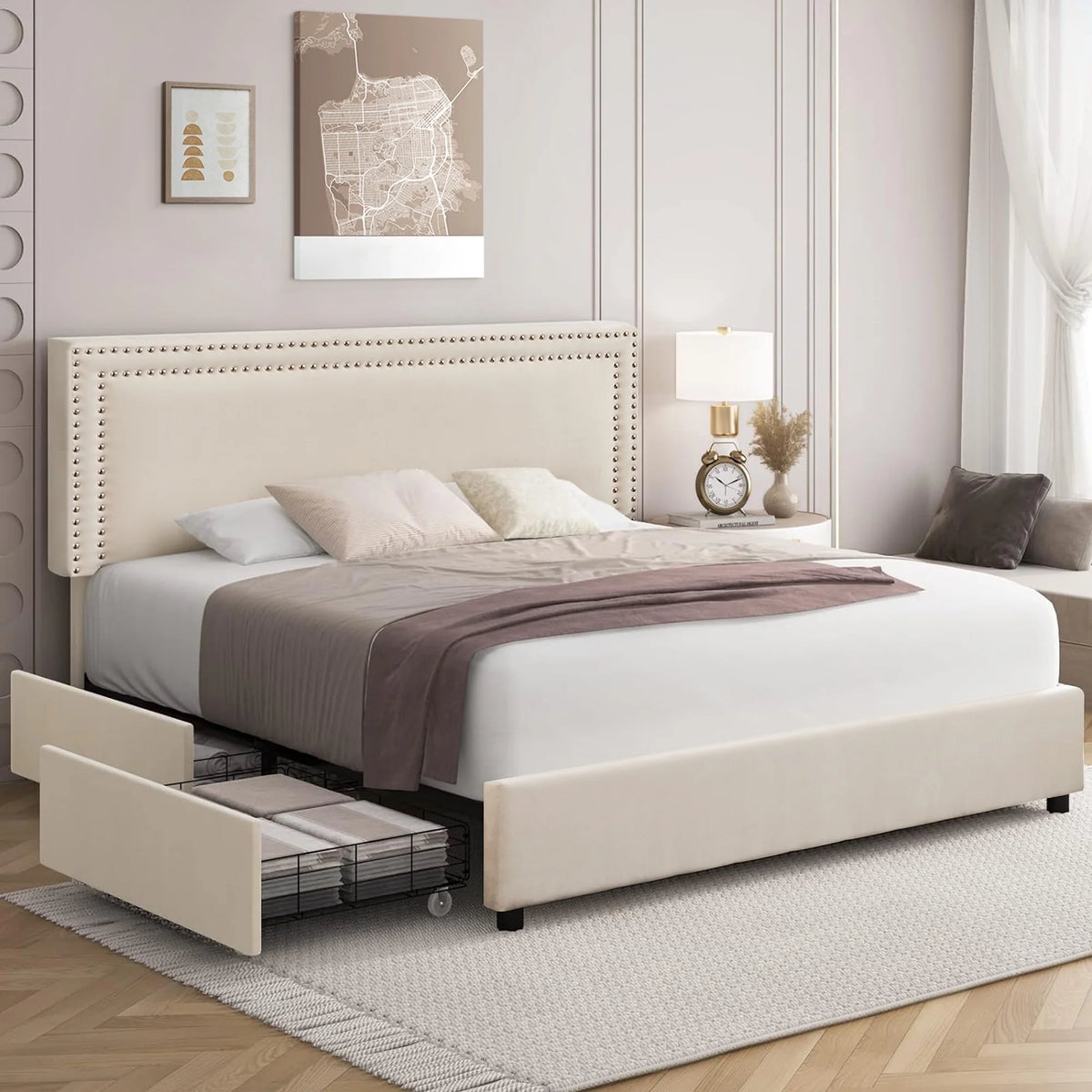 Beige Full Bed Frame with 4 Storage Drawers and Adjustable Headboard X580181