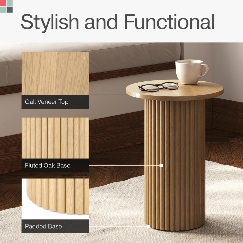 Round Fluted Wooden Side Table with Solid Oak Base O355
