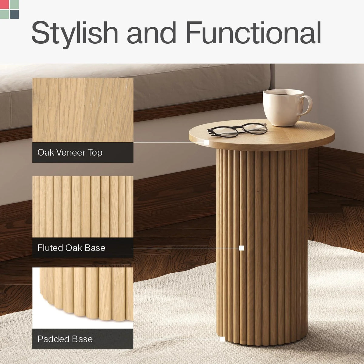 Round Fluted Wooden Side Table with Solid Oak Base O355
