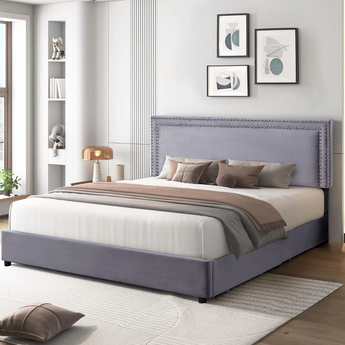 Beige Full Bed Frame with 4 Storage Drawers and Adjustable Headboard X580181