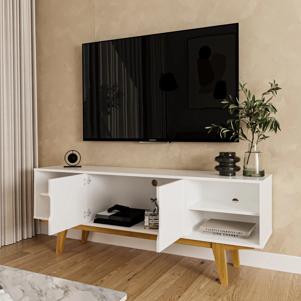 Modern White TV Stand with 4 Open Shelves X44822