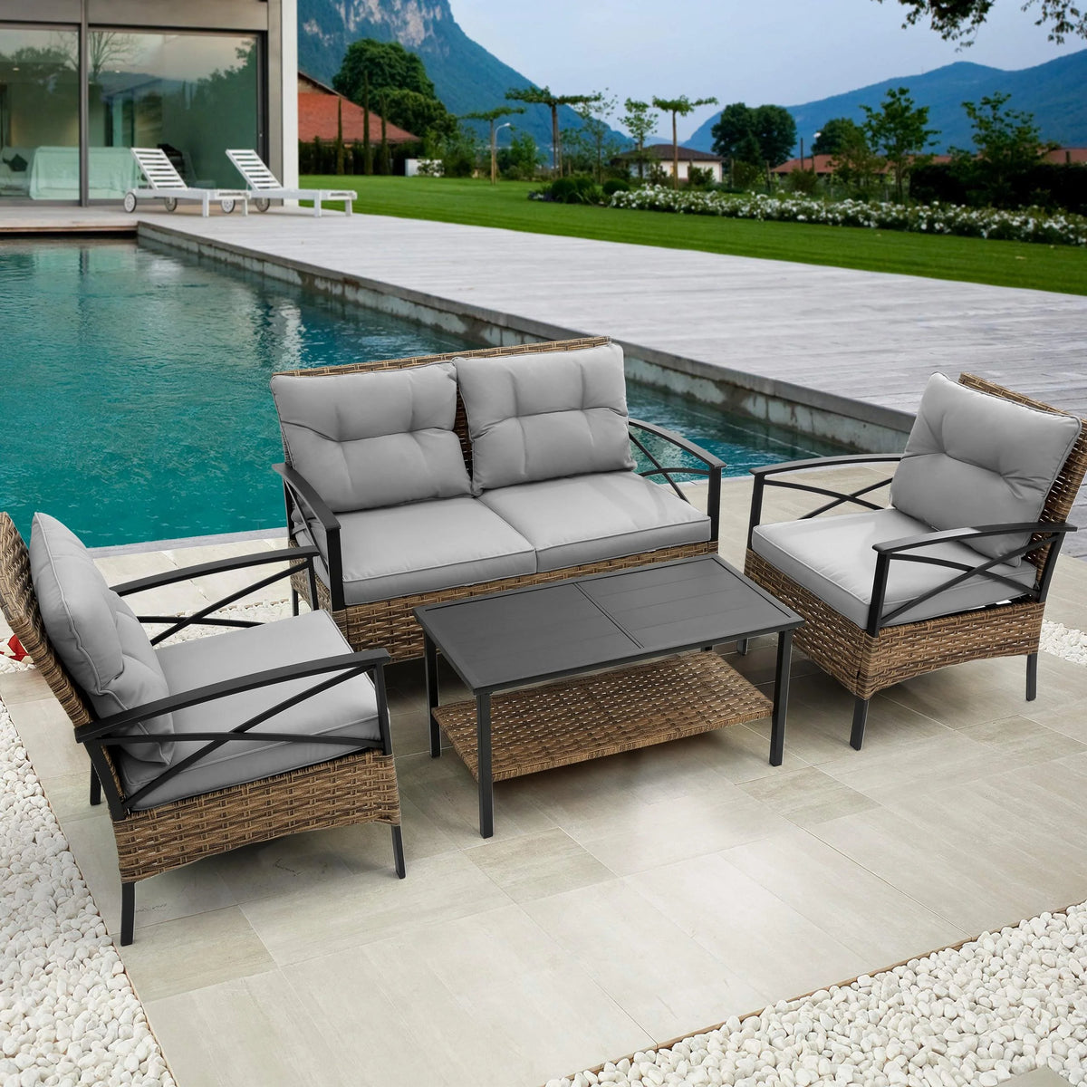 4 Pieces All-Weather PE Rattan Wicker Patio Sofa Set with Coffee Table R281639