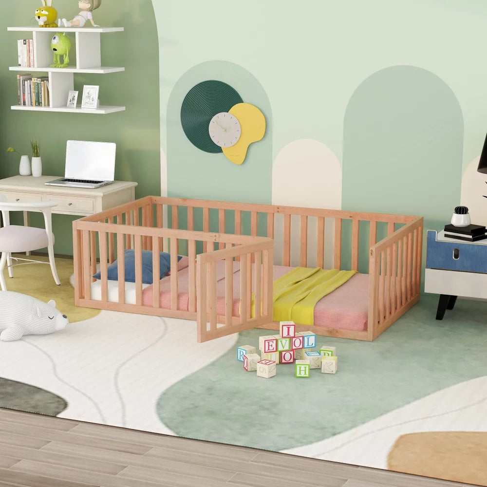 Queen Size Solid Wood Floor Bed Frame with Fence Rail and Door H58869