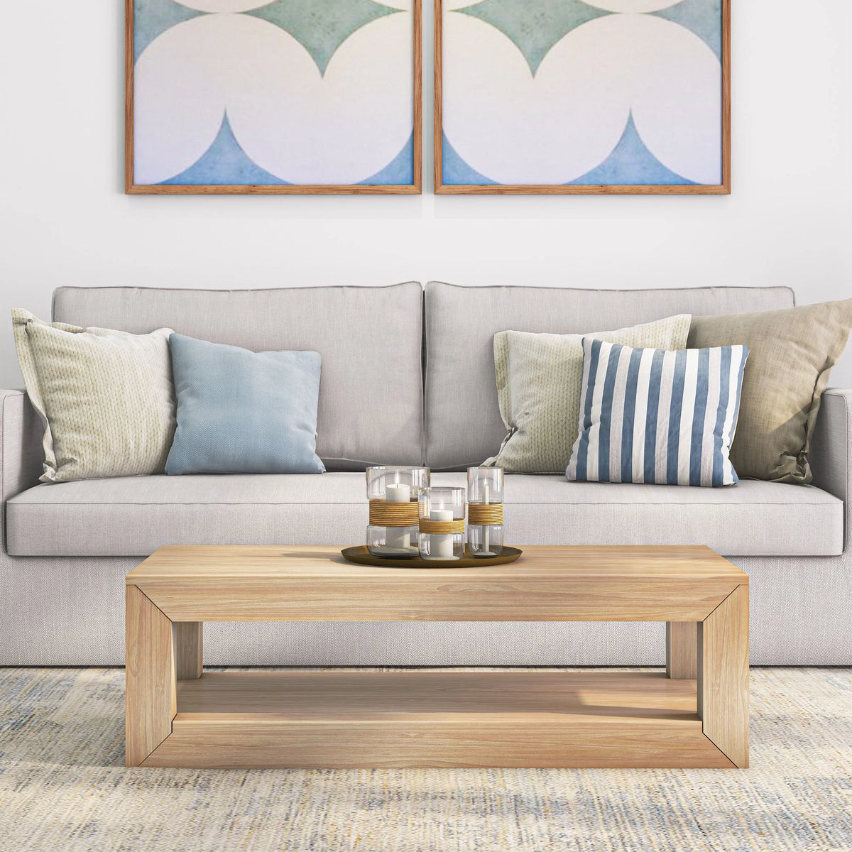 Modern Rectangular Coffee Table with Shelf, Solid Wood 2 Tier N5274