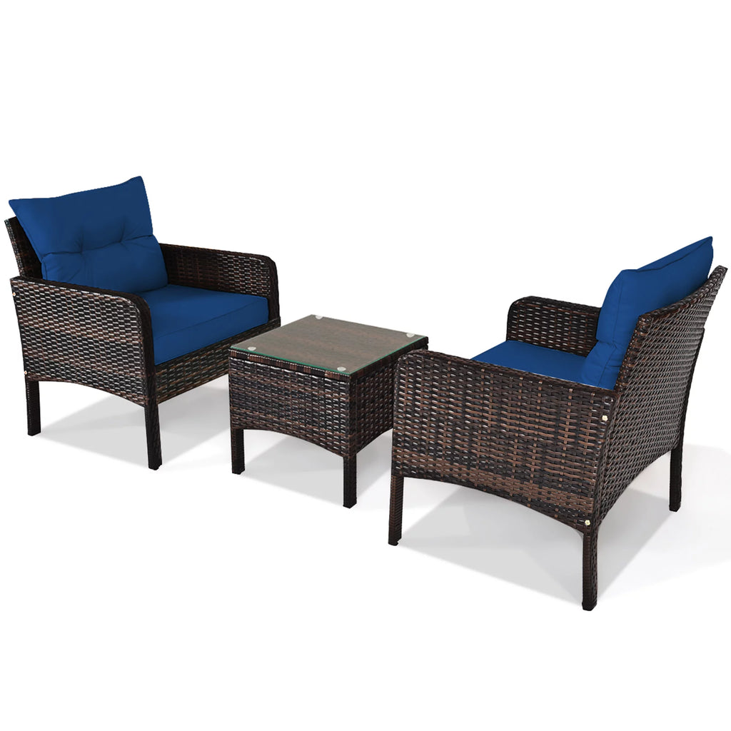 3 Pcs Rattan Patio Conversation Set with Navy Cushions X44598