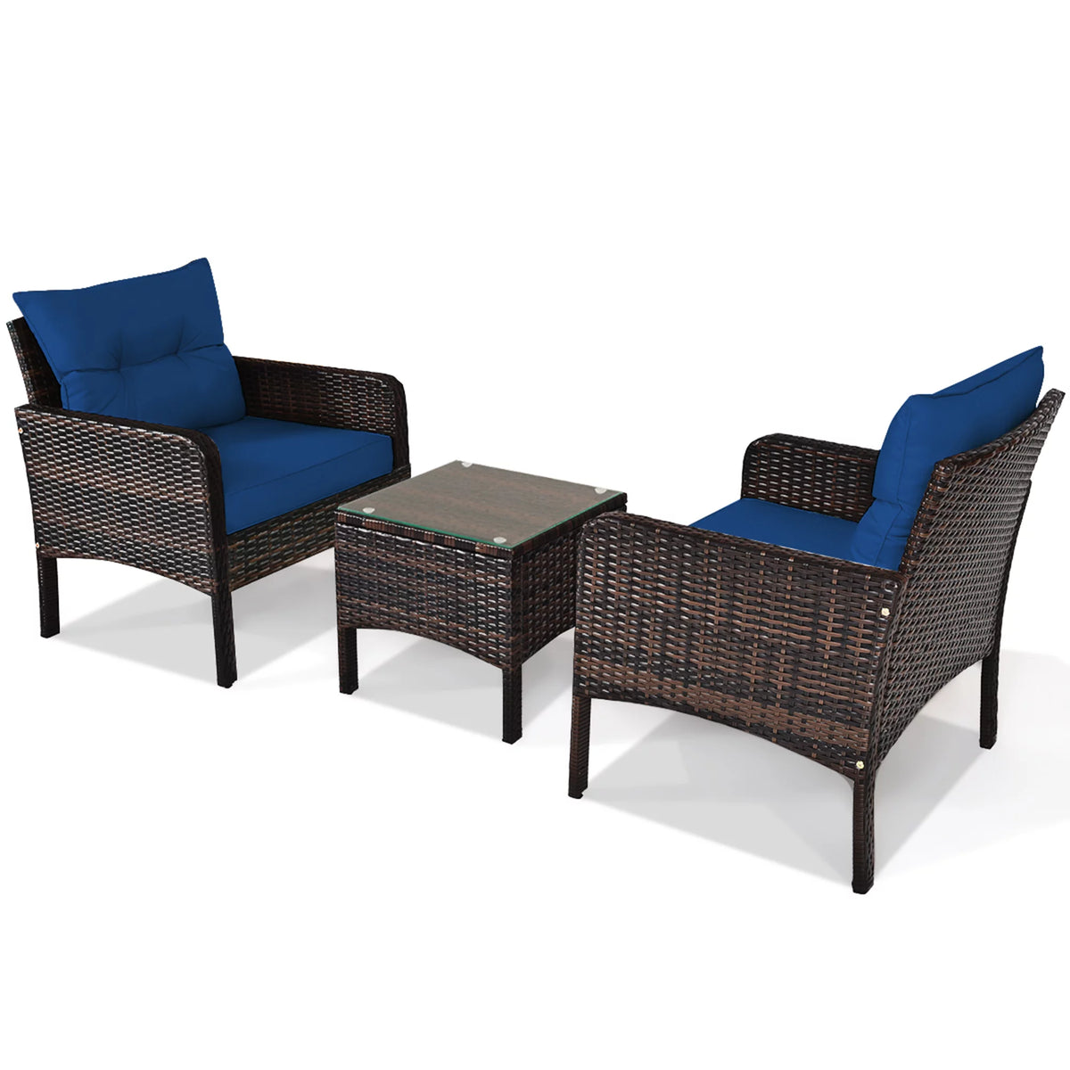 3 Pcs Rattan Patio Conversation Set with Navy Cushions X44598