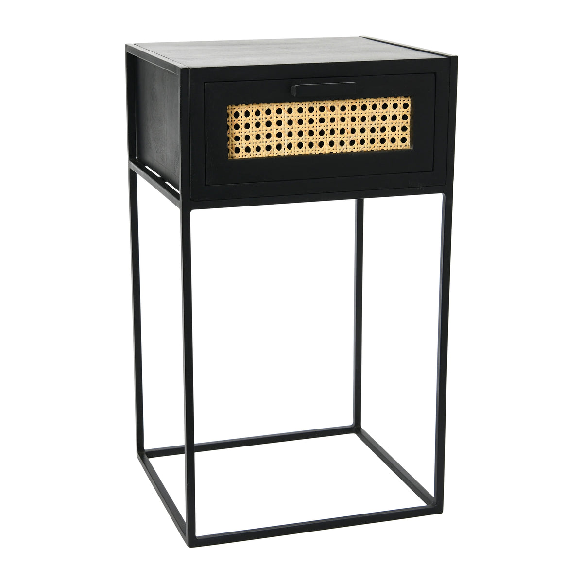 Metal & Mango Wood End Table or Nightstand with Woven Cane Drawer Front E29738