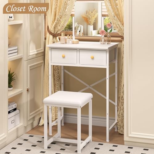 White Compact Vanity Desk with Mirror and Chair I82474