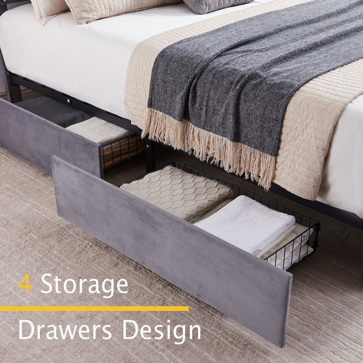 Beige Full Bed Frame with 4 Storage Drawers and Adjustable Headboard X580181