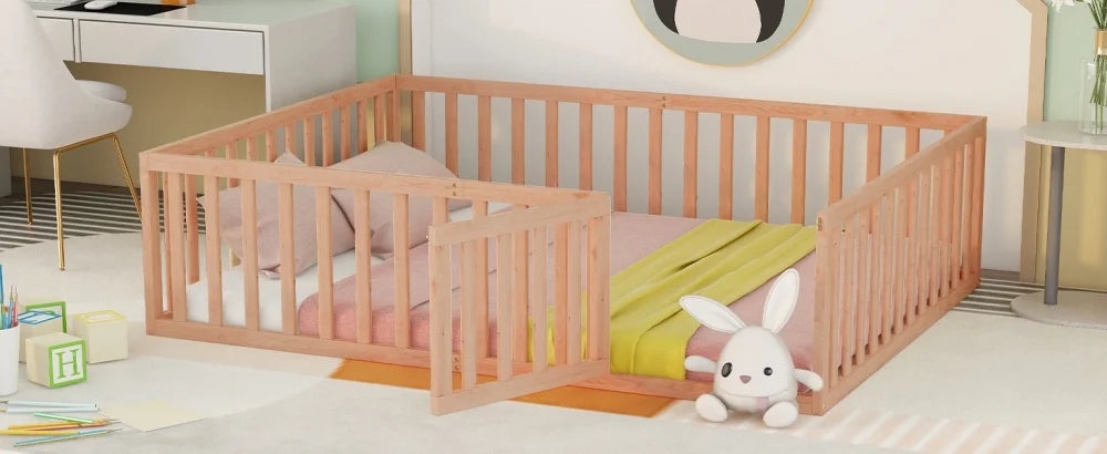 Queen Size Solid Wood Floor Bed Frame with Fence Rail and Door H58869