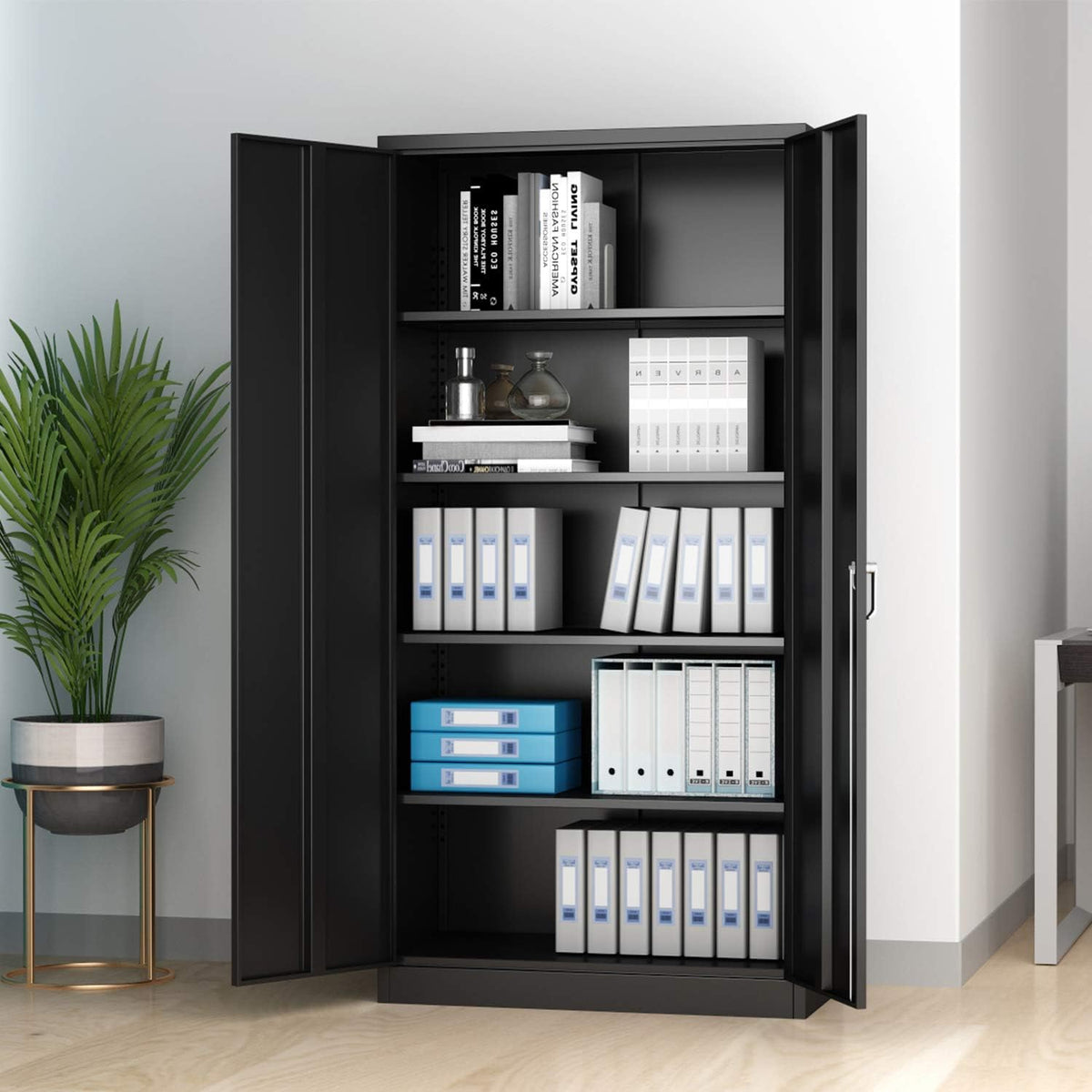 Black Metal Storage Cabinet with 4 Adjustable Shelves and Lockable Doors D73455