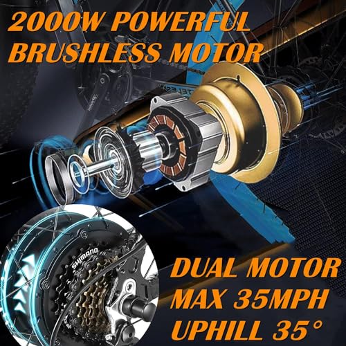 Dual Motors 2000W 35MPH Electric Mountain Bicycle with 48V 22.4AH Removable Battery, 7 Speed 26" Fat Tire Full Suspension Hydraulic Disc Brake L926996