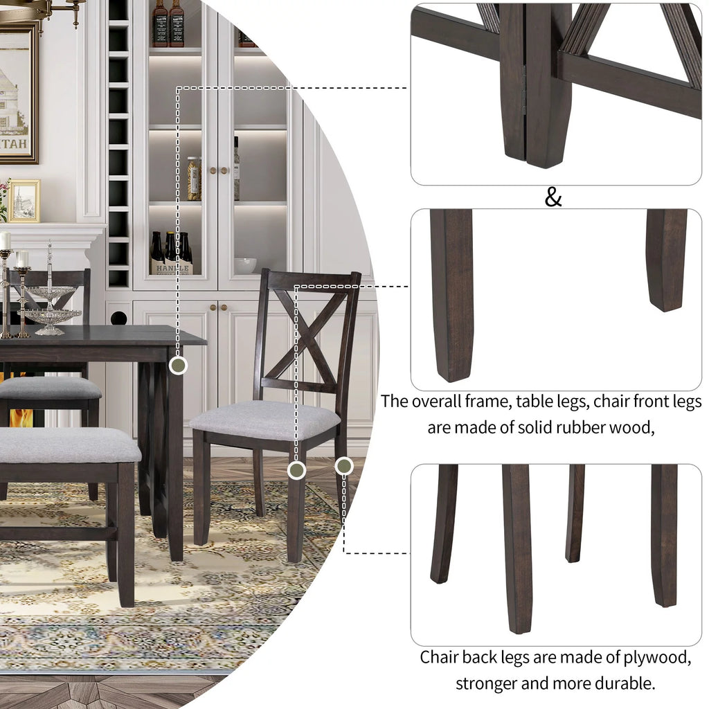 Espresso 6-Piece Solid Wood Foldable Dining Set A562