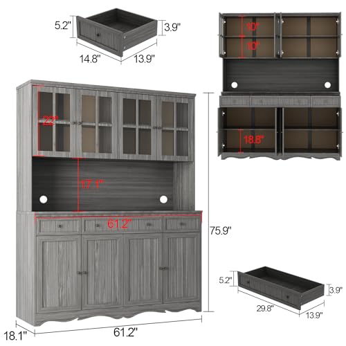 Large Wooden Grey Kitchen Hutch Cabinet with Glass Doors P7885