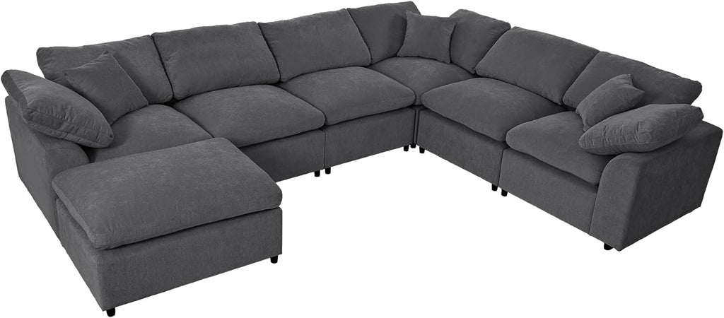 Deep Seat Convertible Modular Sectional Sofa with Movable Ottoman, Oversized Corner Couch with Throw Pillows, 7 Seater Polyester Upholstery Sofa Q816