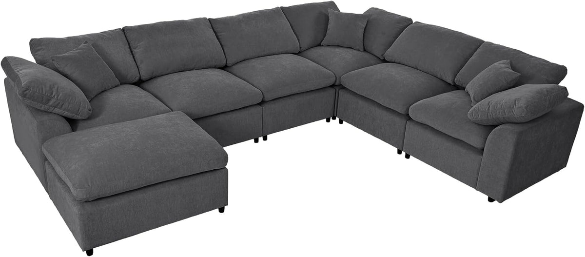 Deep Seat Convertible Modular Sectional Sofa with Movable Ottoman, Oversized Corner Couch with Throw Pillows, 7 Seater Polyester Upholstery Sofa Q816
