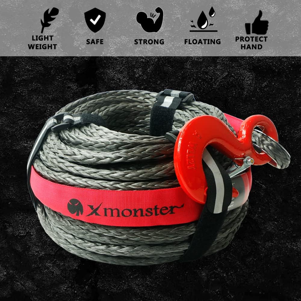 3/8" x 100' 19,000 lbs Synthetic Winch Rope Kit with Hook and Sleeve Protection W829
