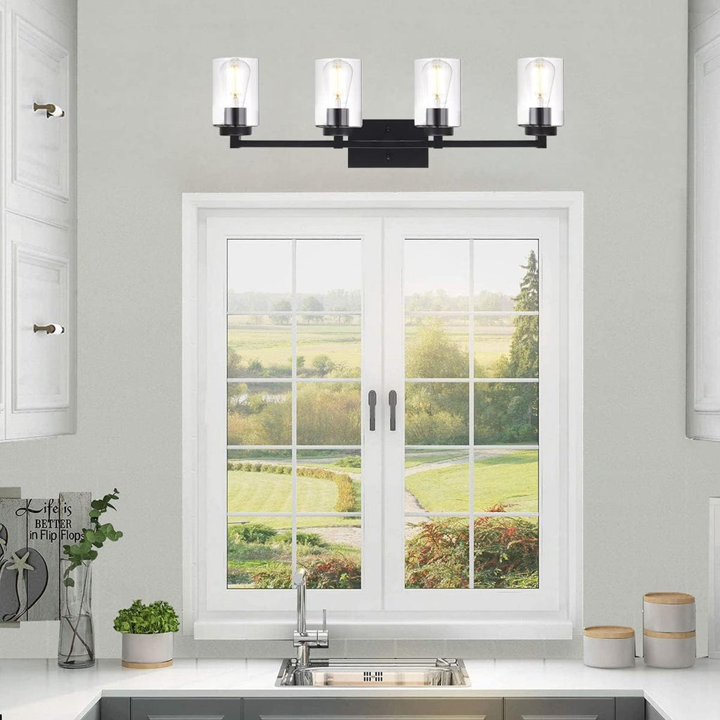 4 Light Matte Black Bathroom Light Fixtures 31.1 Inches Vanity Lighting with Glass Shade G61523