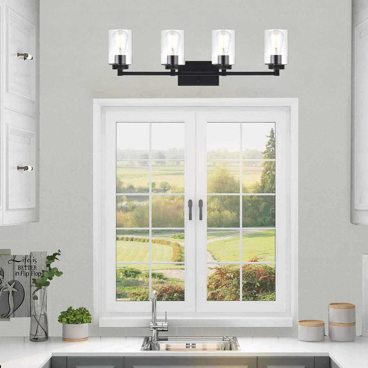 4 Light Matte Black Bathroom Light Fixtures 31.1 Inches Vanity Lighting with Glass Shade G61523