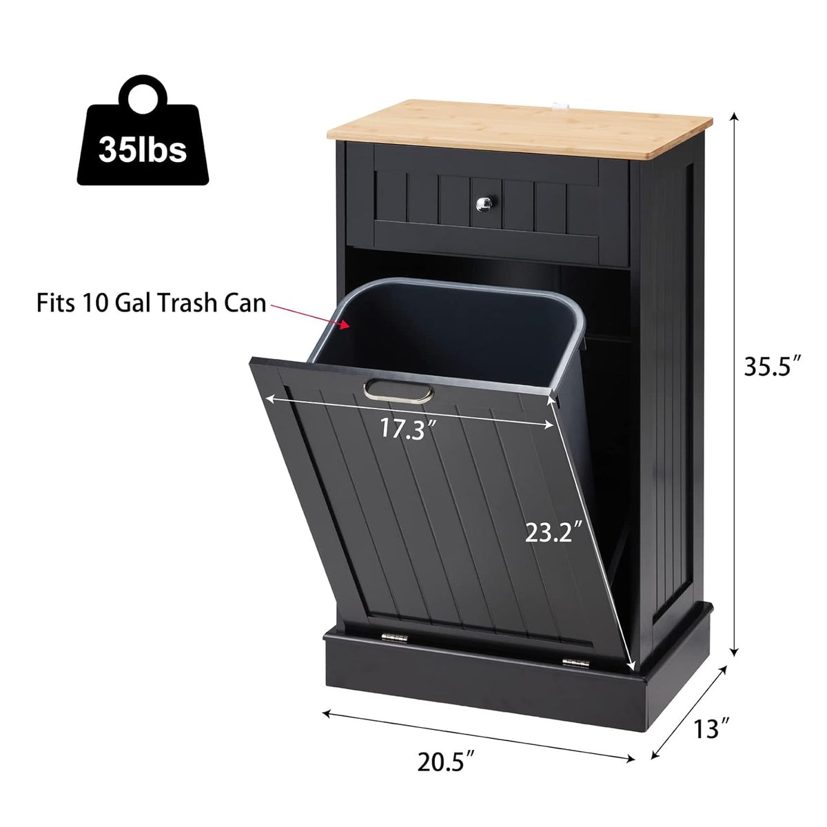 Black 10 Gallon Wood Trash Can Cabinet with Drawer & Cutting Board B147887