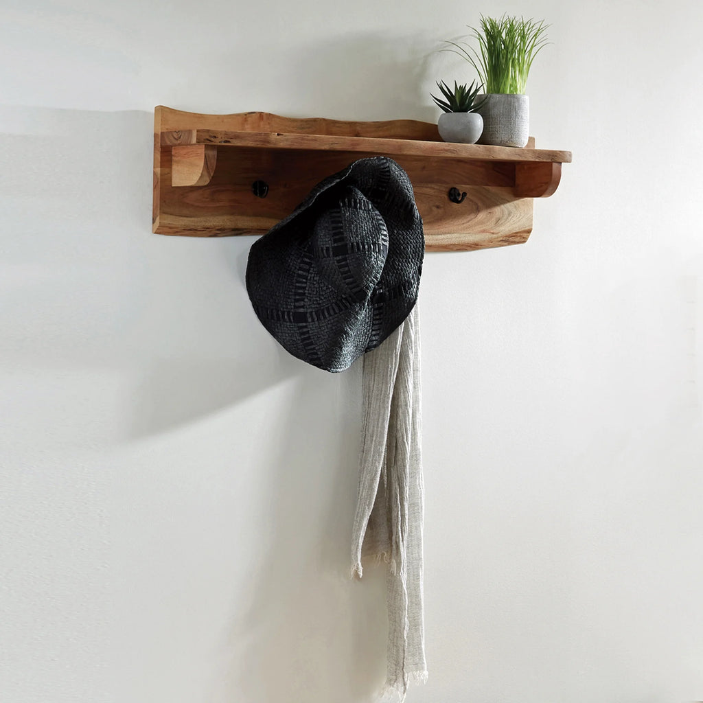 Live Edge Wood Coat Hooks with Shelf I30624