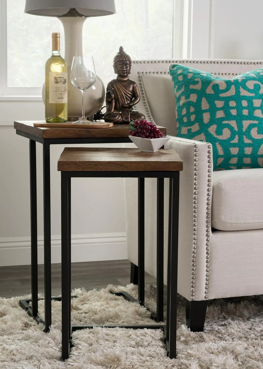 Wood Top Nesting Tables with Black Iron Base S5999