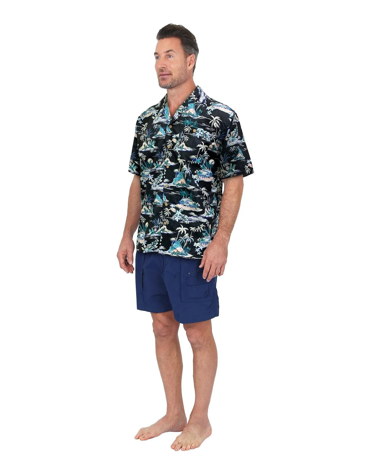 Black Tiki Hut Print Button Down Short Sleeve Shirt G224