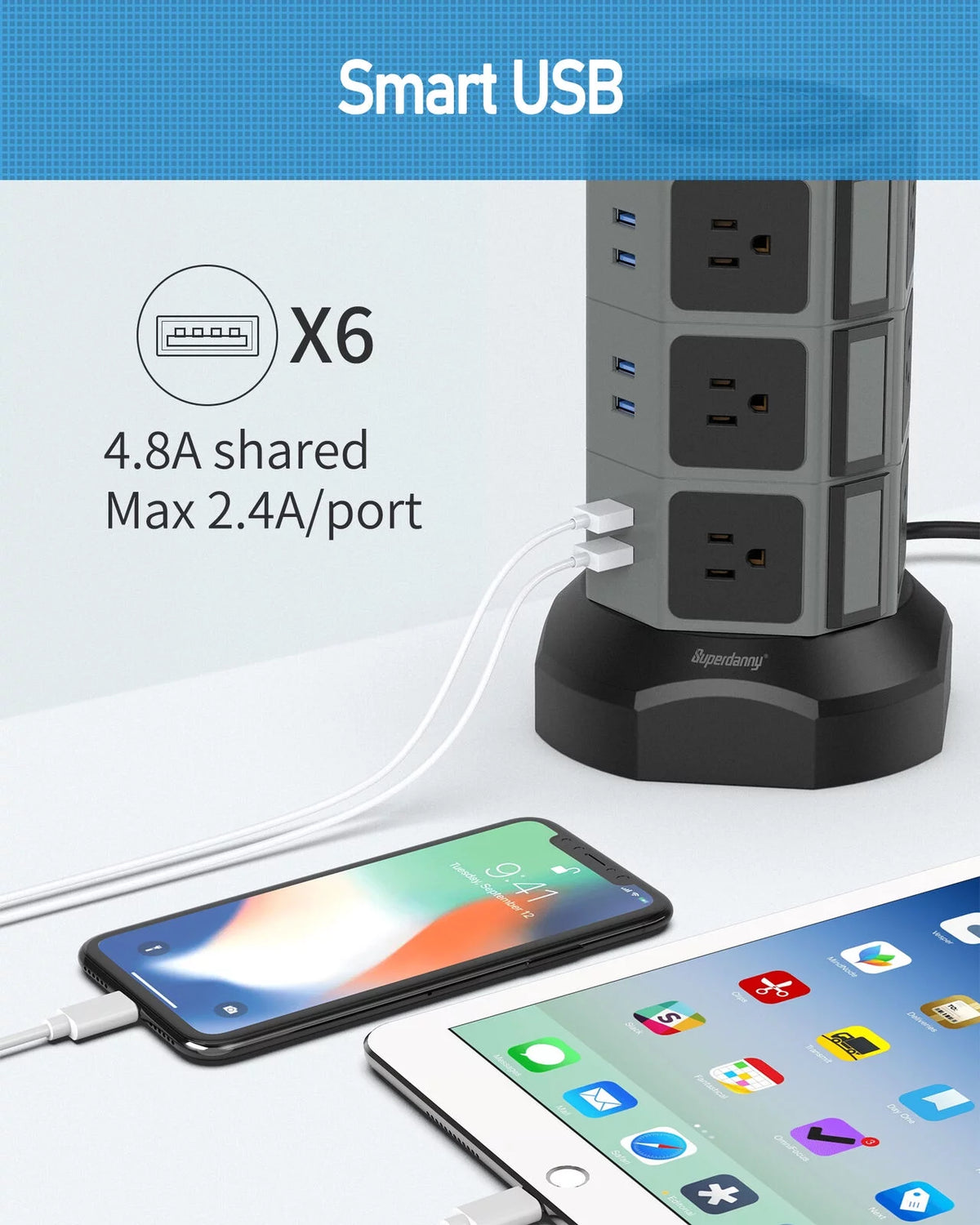 Surge Protector Power Strip Tower with Wireless Charger USB Ports 12 AC Outlet 6.5FT O753