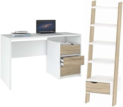2 Piece Bookcase and Writing Desk Set in White and Oak H2843
