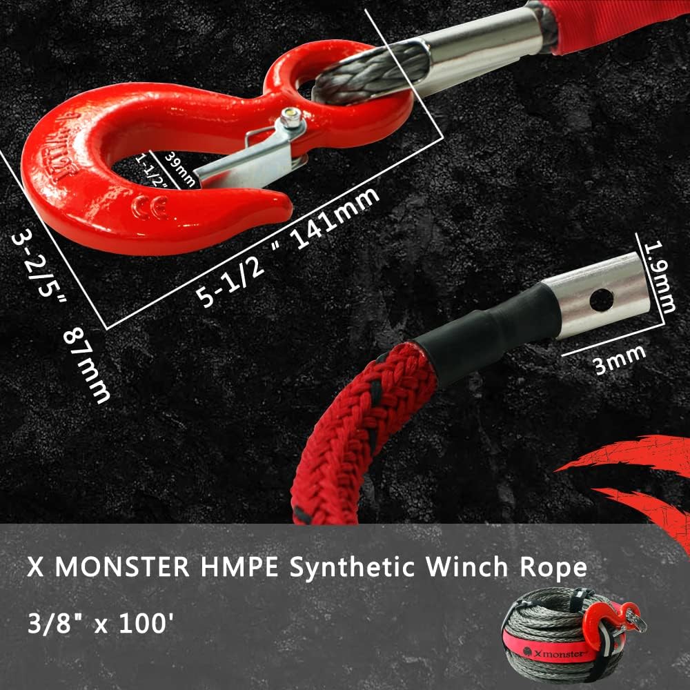 3/8" x 100' 19,000 lbs Synthetic Winch Rope Kit with Hook and Sleeve Protection W829