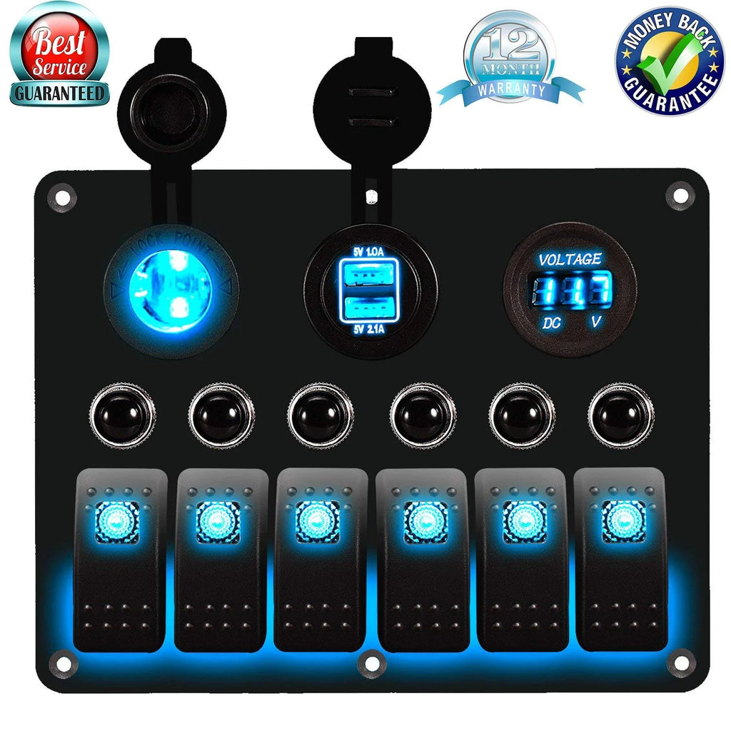6 Gang LED Rocker Switch Panel Dual USB Waterproof Power Socket J801