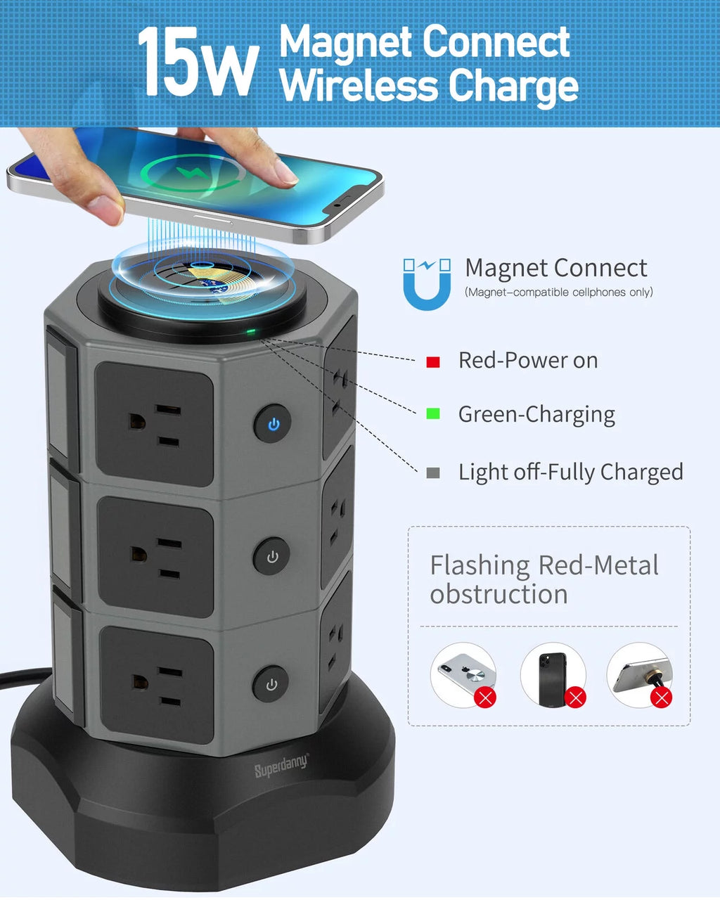 Surge Protector Power Strip Tower with Wireless Charger USB Ports 12 AC Outlet 6.5FT O753