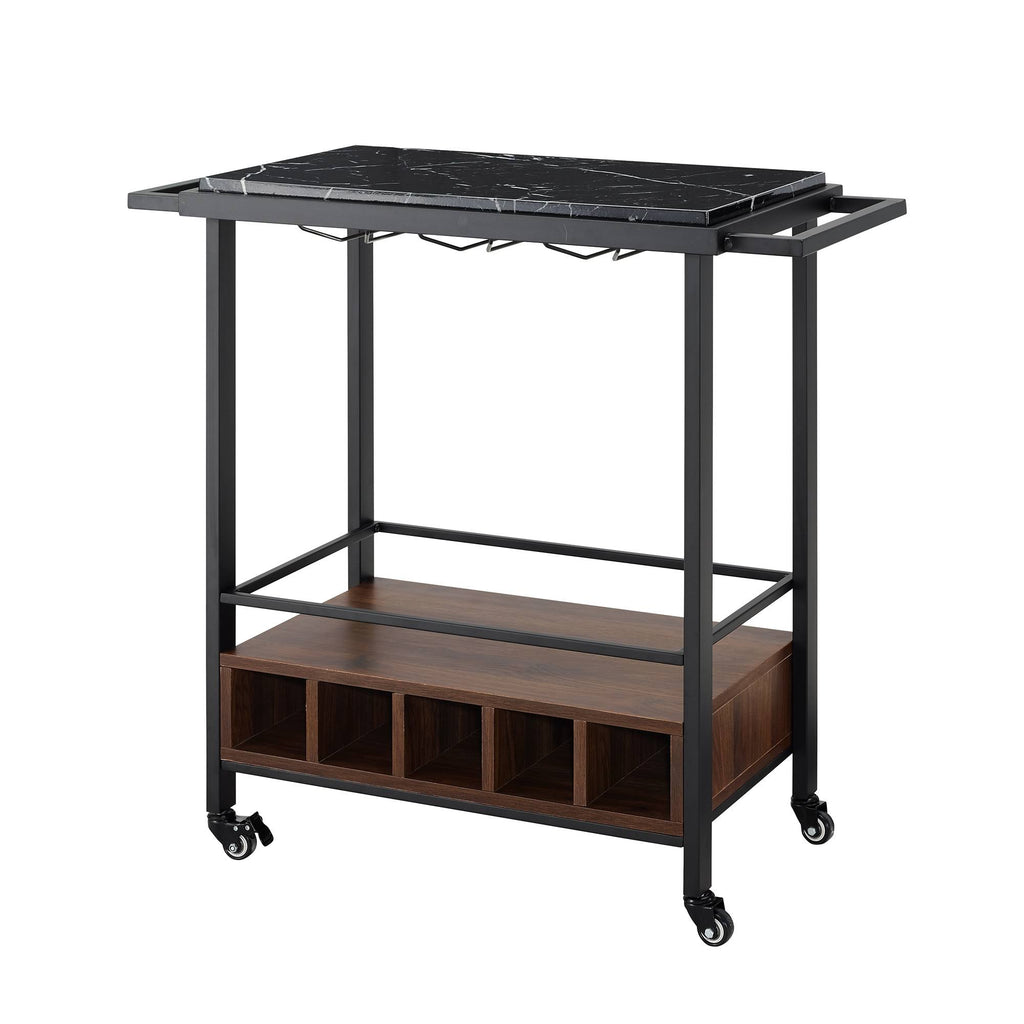 Black Faux Marble Rolling Bar Cart with Bottle Storage D631892
