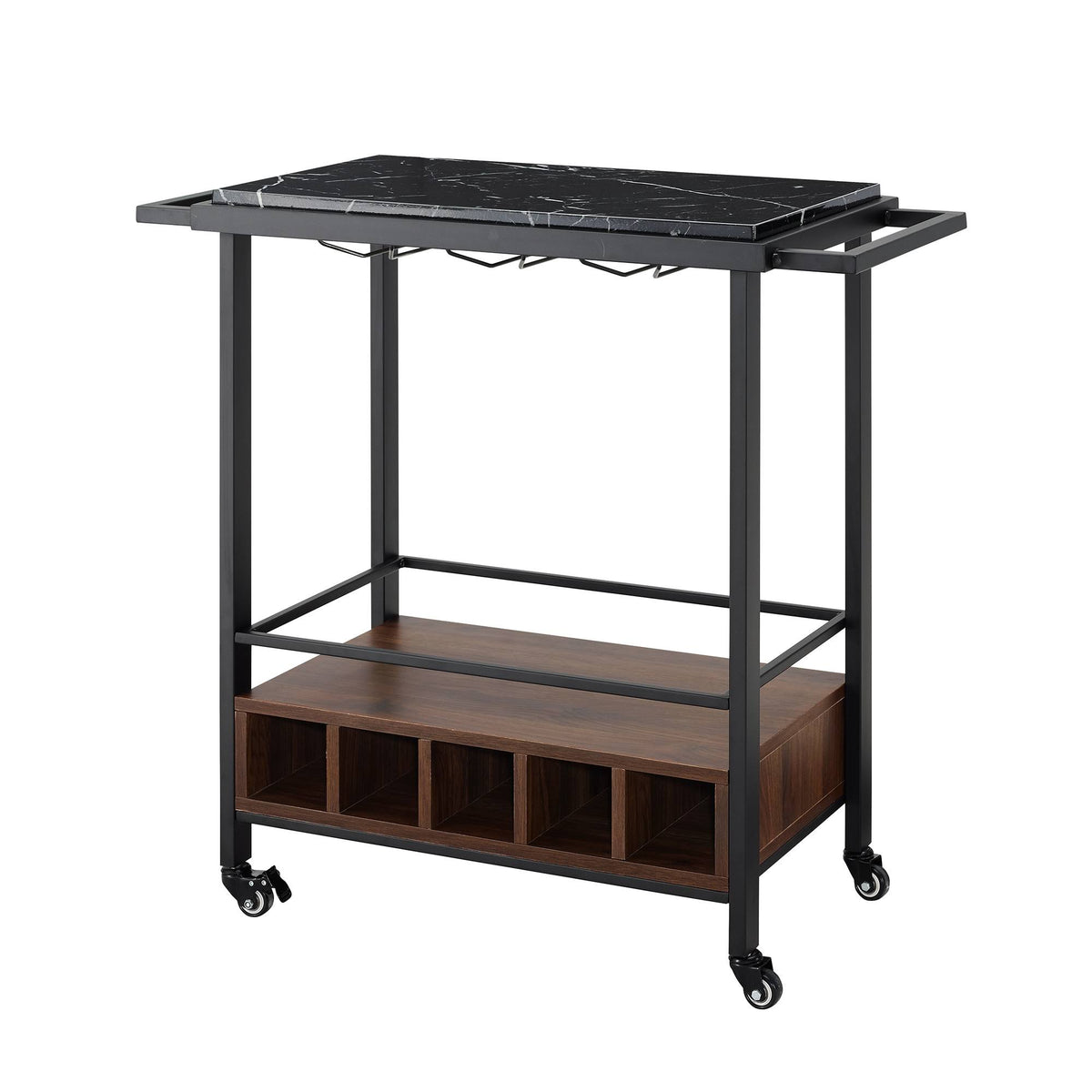 Black Faux Marble Rolling Bar Cart with Bottle Storage D631892