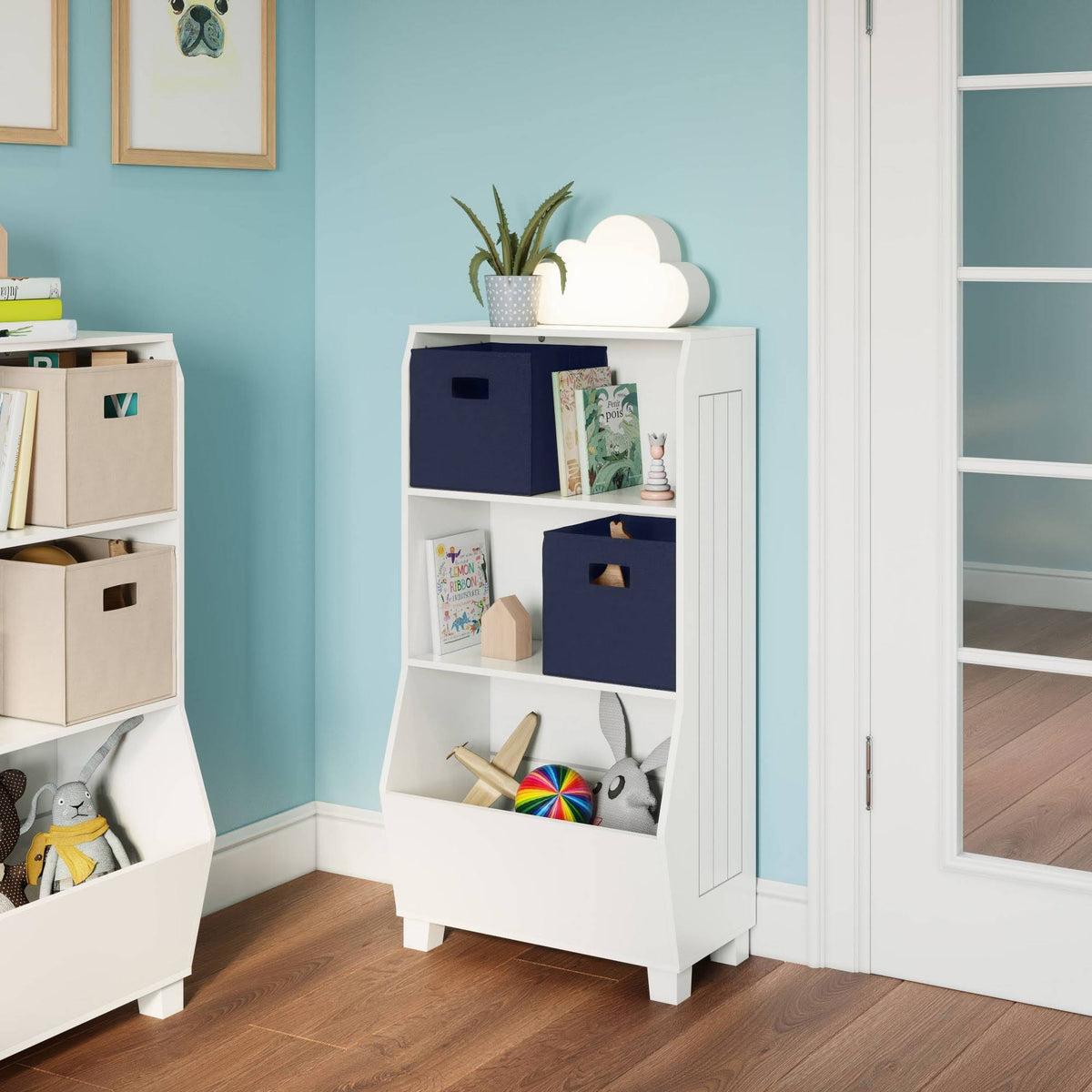 Kids Bookcase with Toy Organizer and 2 Bins Navy Y904426