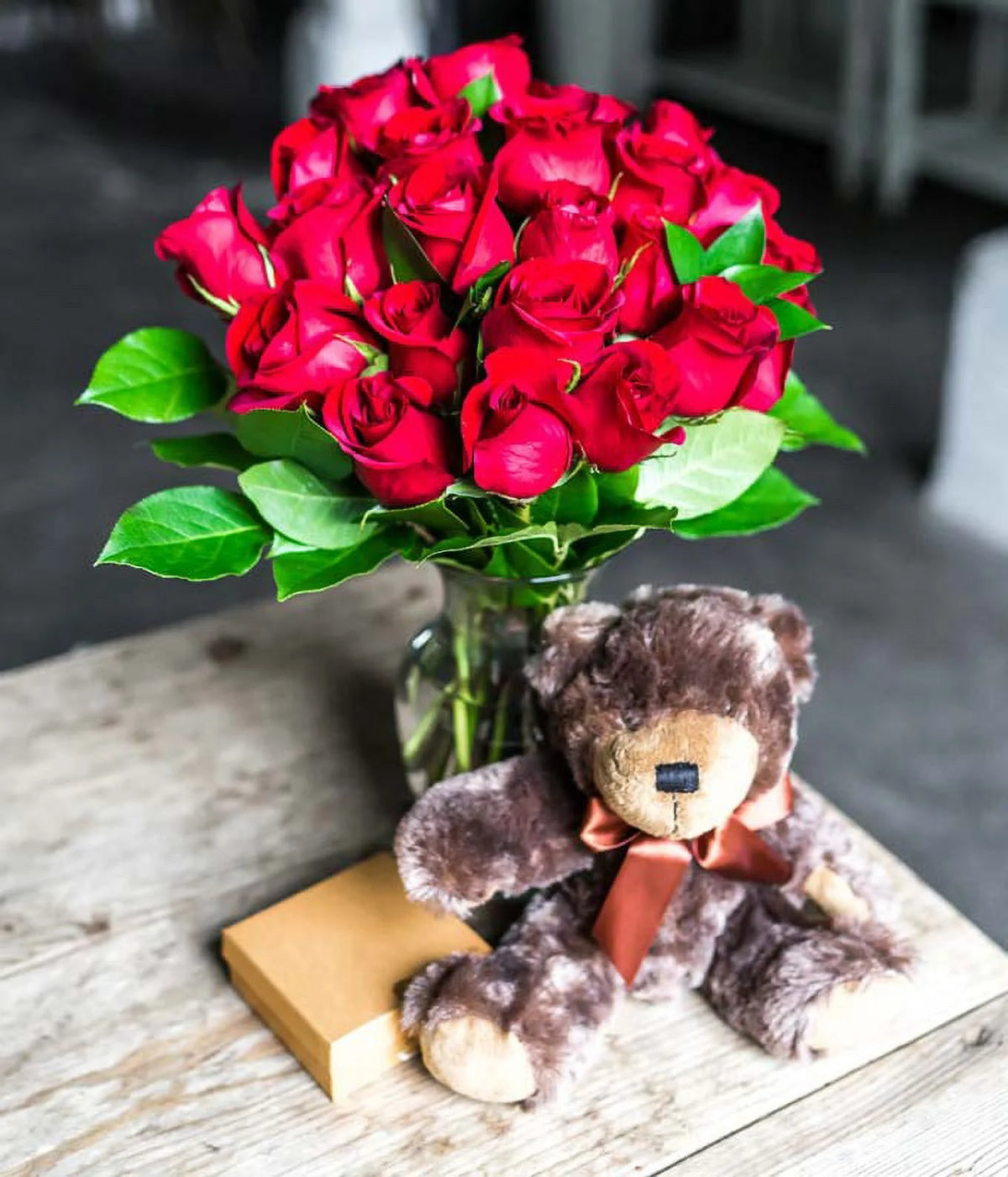 24 Red Roses with Chocolates & Teddy Bear in a Glass Vase C917