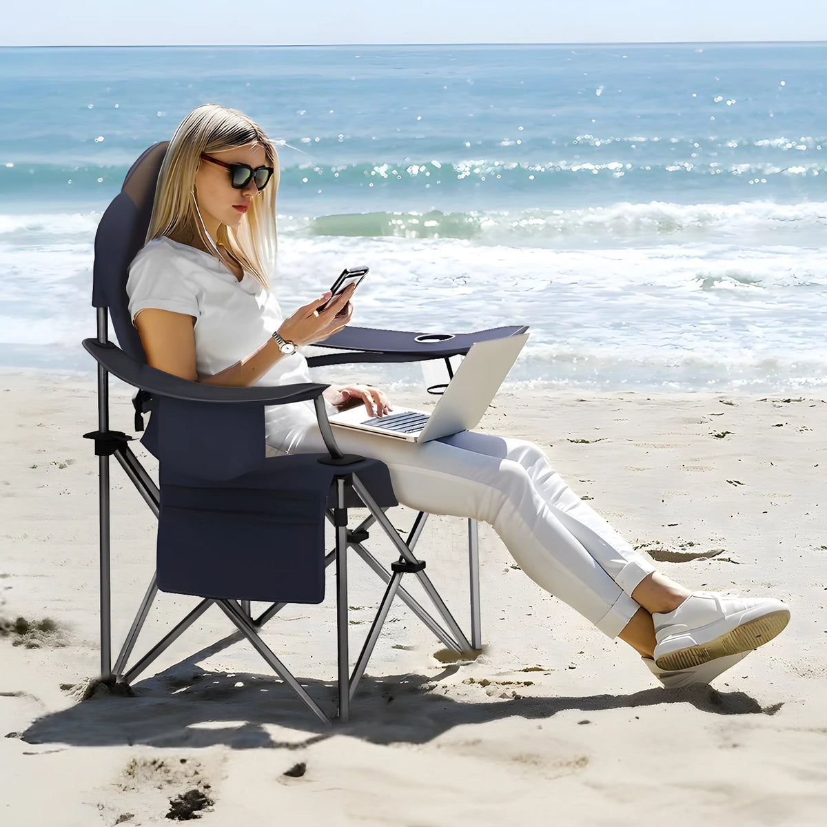 Oversized Padded Folding Camping Chair with Cooler Bag and Cup Holder Y1667