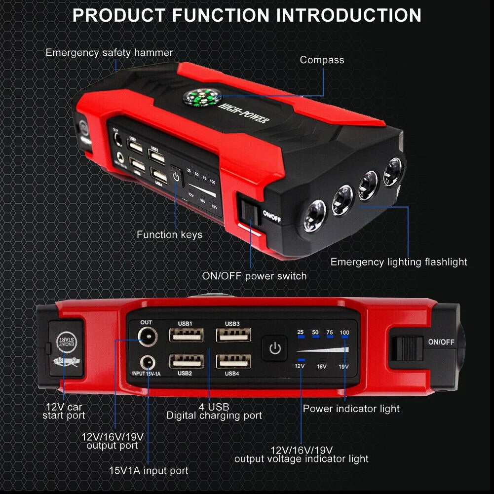99800mAh Battery Jump Starter with 4 USB Ports and LED Flashlight Z625333