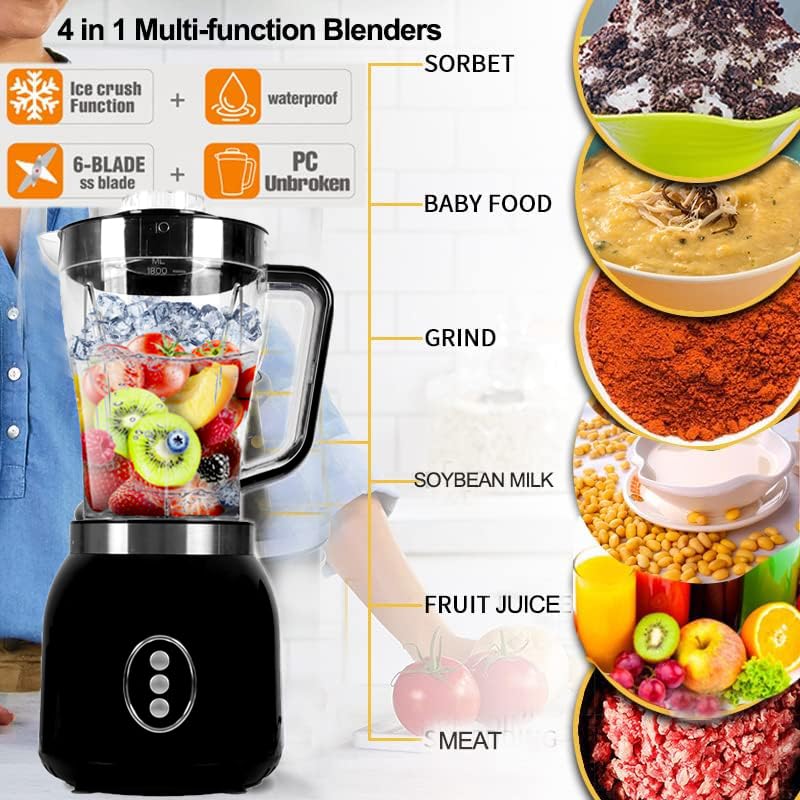 600W 1.8L 4 in 1 Food Processor Blender Combo with 3 Cups 61oz A62029