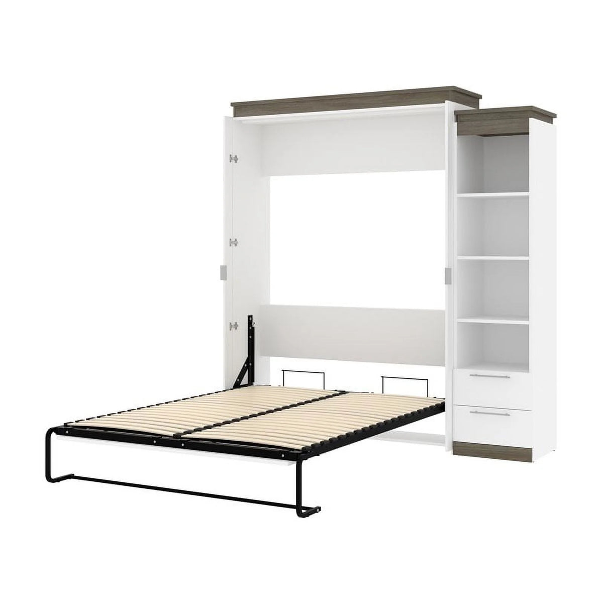 White Queen Murphy Bed and Shelving with Drawers W4669
